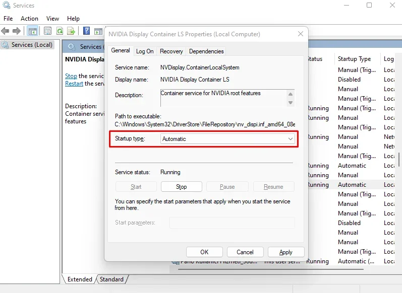 Properties window for nvidia service
