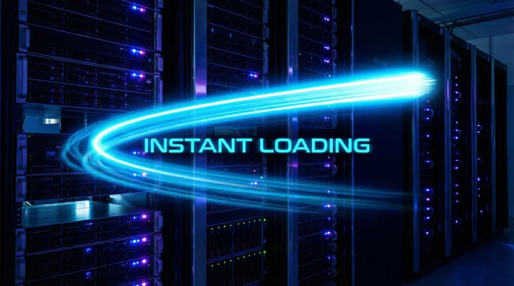 Neon light streaks representing the blazing fast performance of pre-rendered static sites