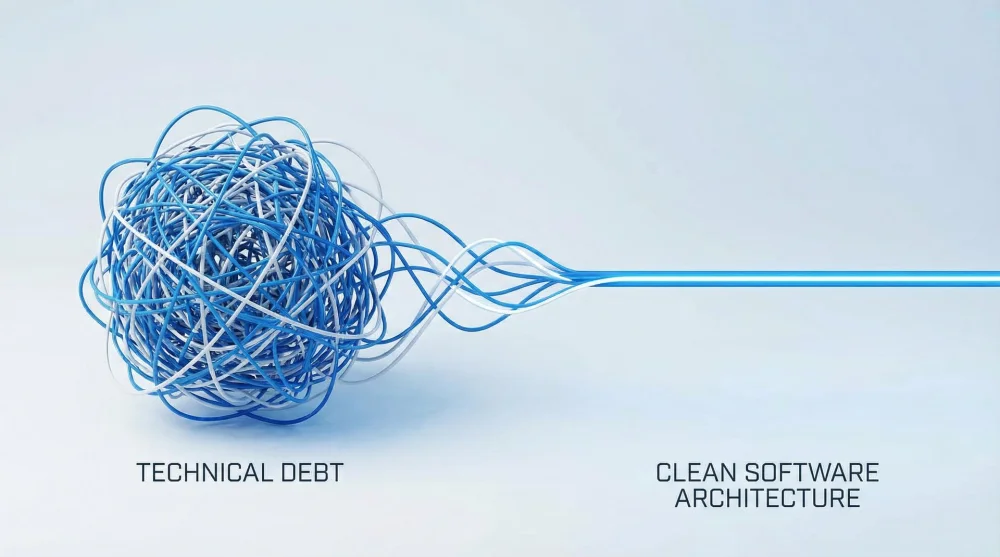 Visual representation of technical debt showing complex tangled wires versus clean linear code structure