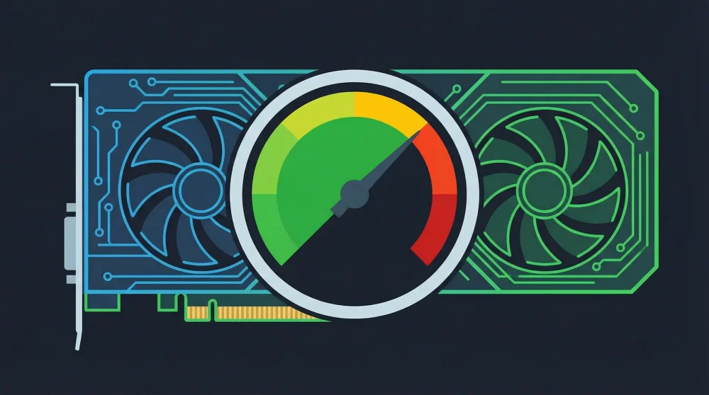 Gaming GPU with temperature gauge showing safe green zone, warning yellow zone, and danger red zone for thermal management