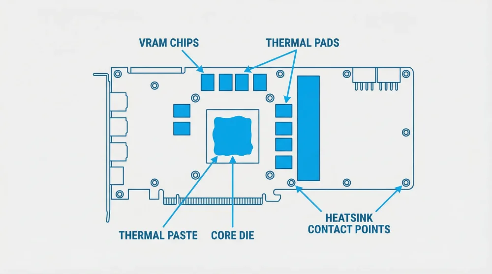 Diagram of GPU PCB showing thermal paste on core die and thermal pads on VRAM chips with heatsink contact areas labeled