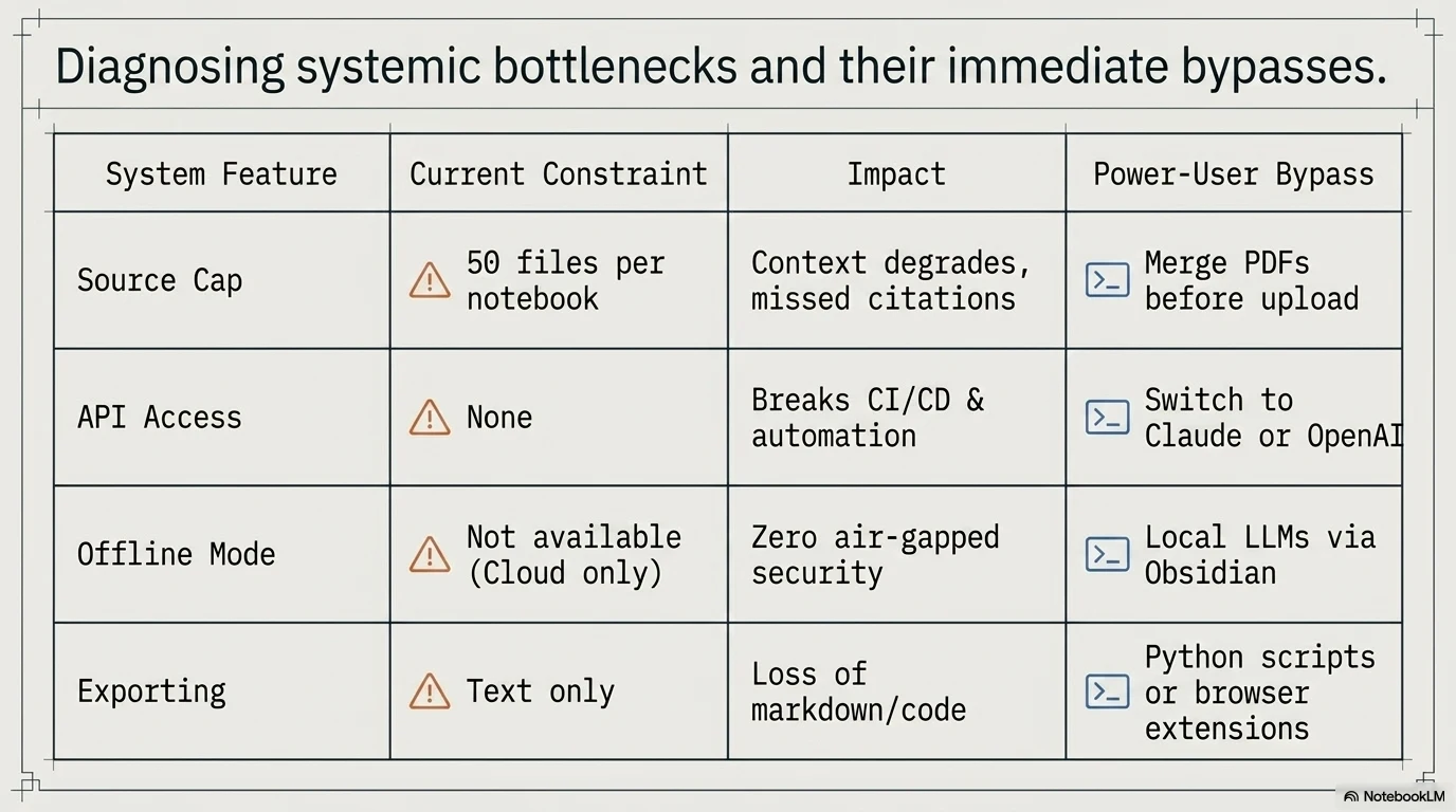 NotebookLM systemic bottlenecks and bypass table